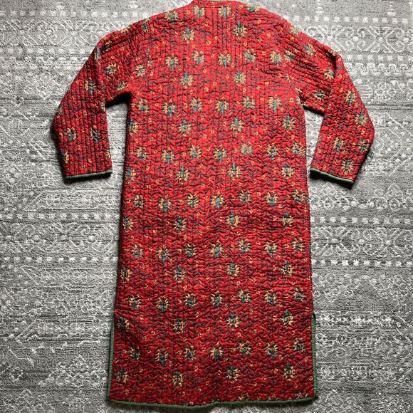 Orvis Long Quilted Button Up Jacket Coat Robe Red Floral Small Cotton Reversible - Picture 6 of 12